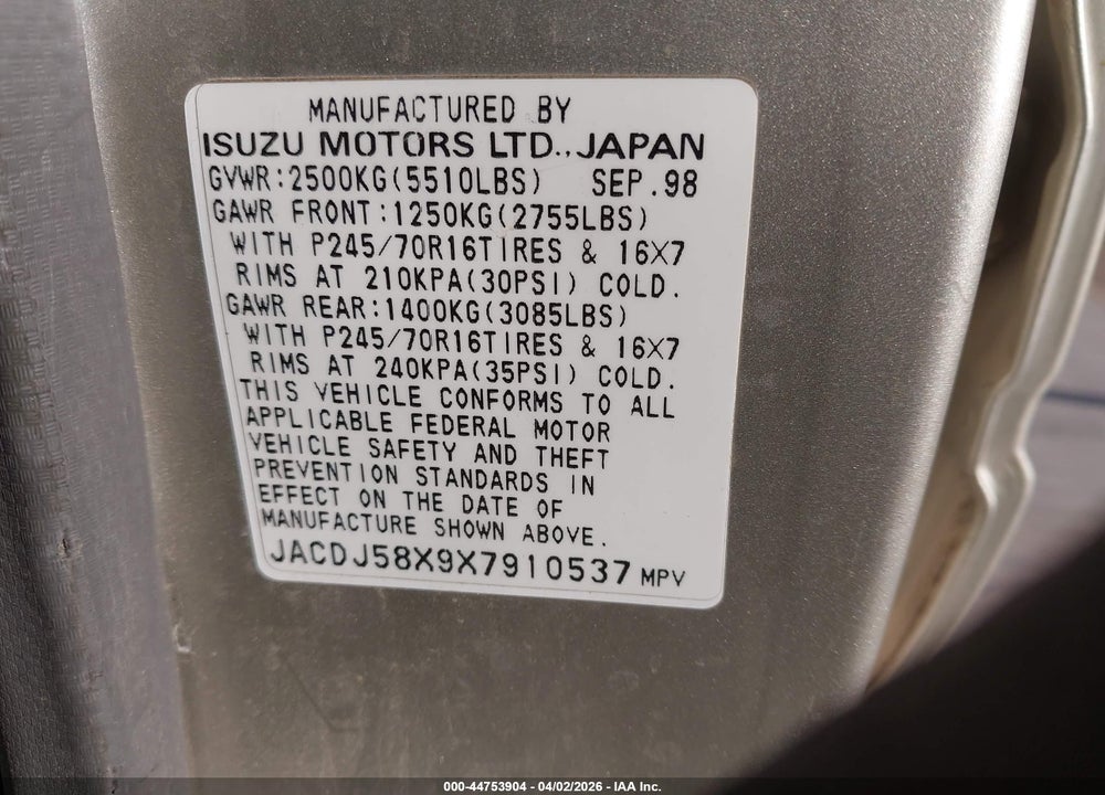 1999 ISUZU TROOPER S VIN: JACDJ58X9X7910537