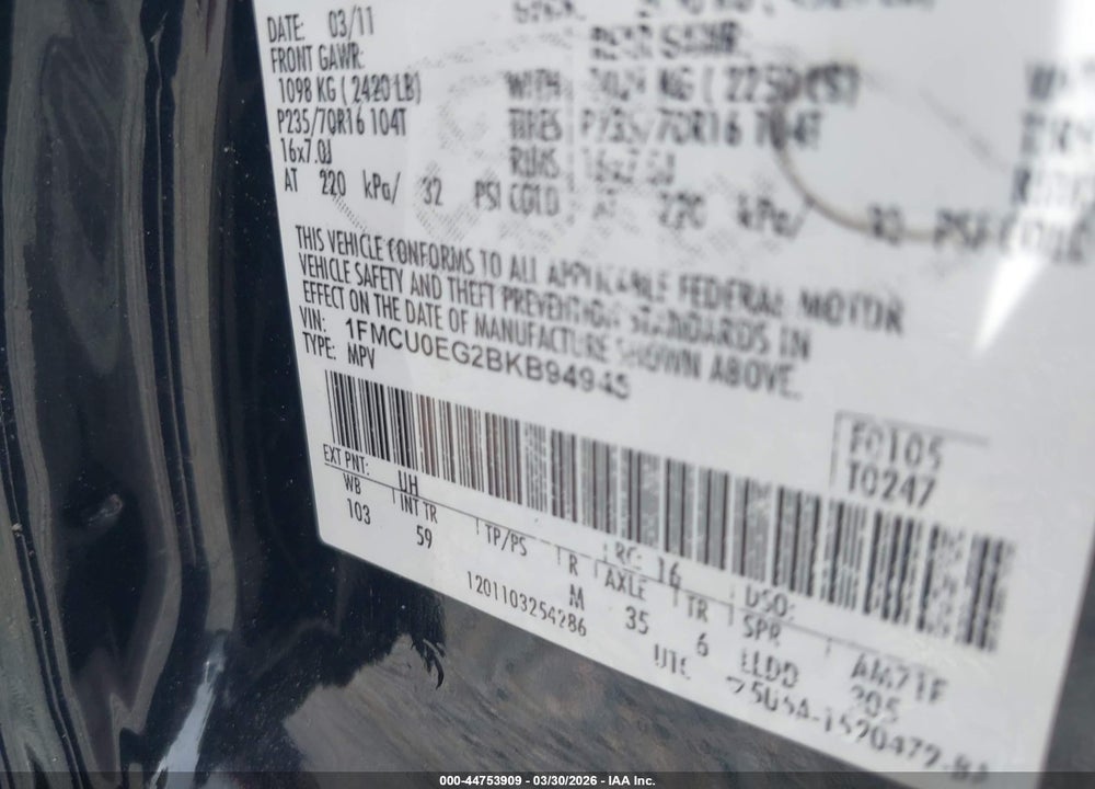 2011 FORD ESCAPE LIMITED VIN: 1FMCU0EG2BKB94945