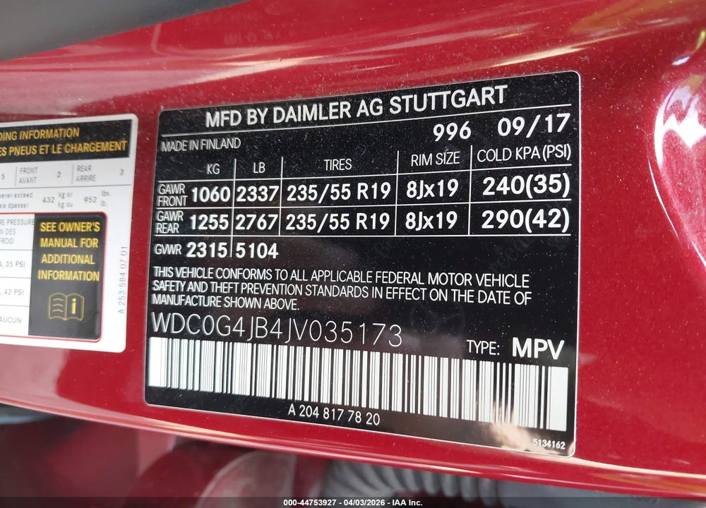 2018 MERCEDES-BENZ GLC 300 VIN: WDC0G4JB4JV035173