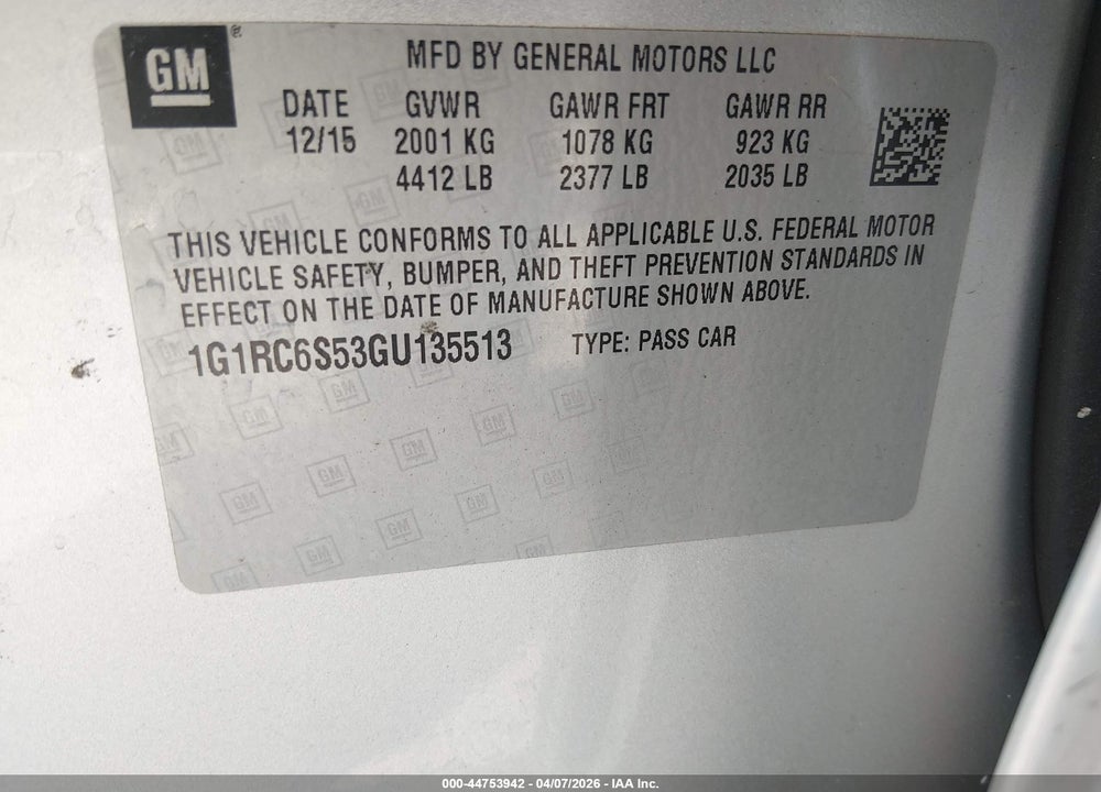 2016 CHEVROLET VOLT LT VIN: 1G1RC6S53GU135513