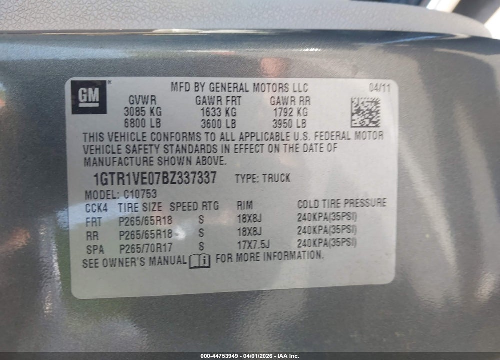 2011 GMC SIERRA 1500 SLE VIN: 1GTR1VE07BZ337337