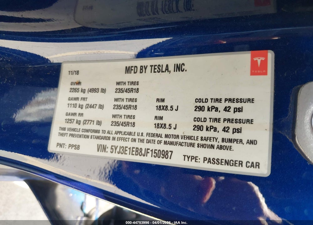 2018 TESLA MODEL 3 LONG RANGE/PERFORMANCE VIN: 5YJ3E1EB8JF150987