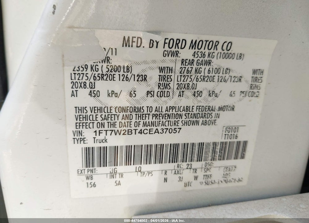2012 FORD F-250 LARIAT VIN: 1FT7W2BT4CEA37057