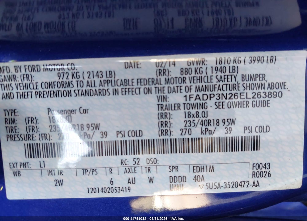 2014 FORD FOCUS TITANIUM VIN: 1FADP3N26EL263890
