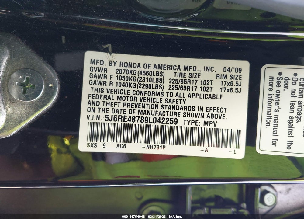 2009 HONDA CR-V EX-L VIN: 5J6RE48789L042259