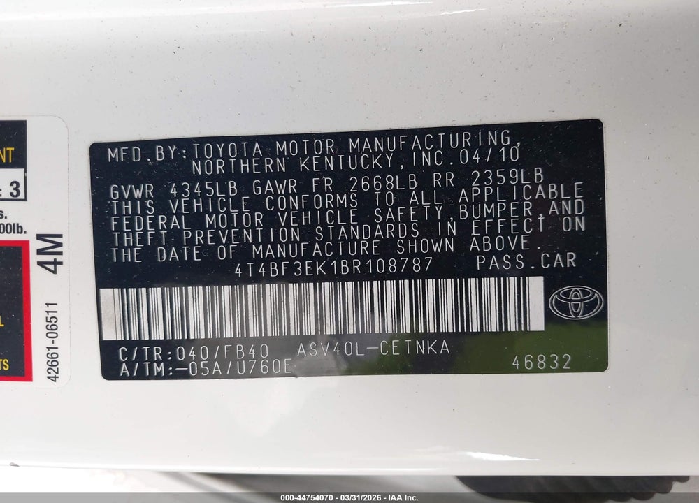 2011 TOYOTA CAMRY LE VIN: 4T4BF3EK1BR108787