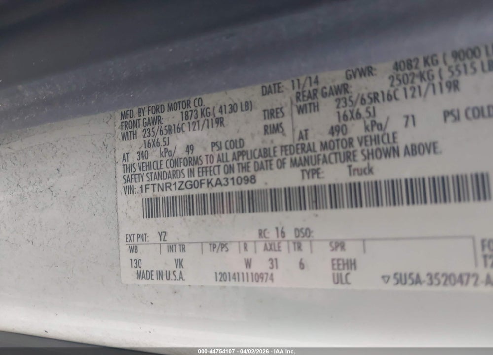 2015 FORD TRANSIT-250 VIN: 1FTNR1ZG0FKA31098