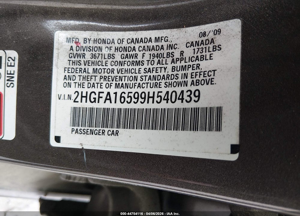 2009 HONDA CIVIC LX VIN: 2HGFA16599H540439