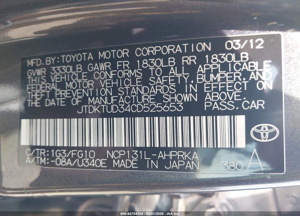 2012 TOYOTA YARIS LE VIN: JTDKTUD34CD525653