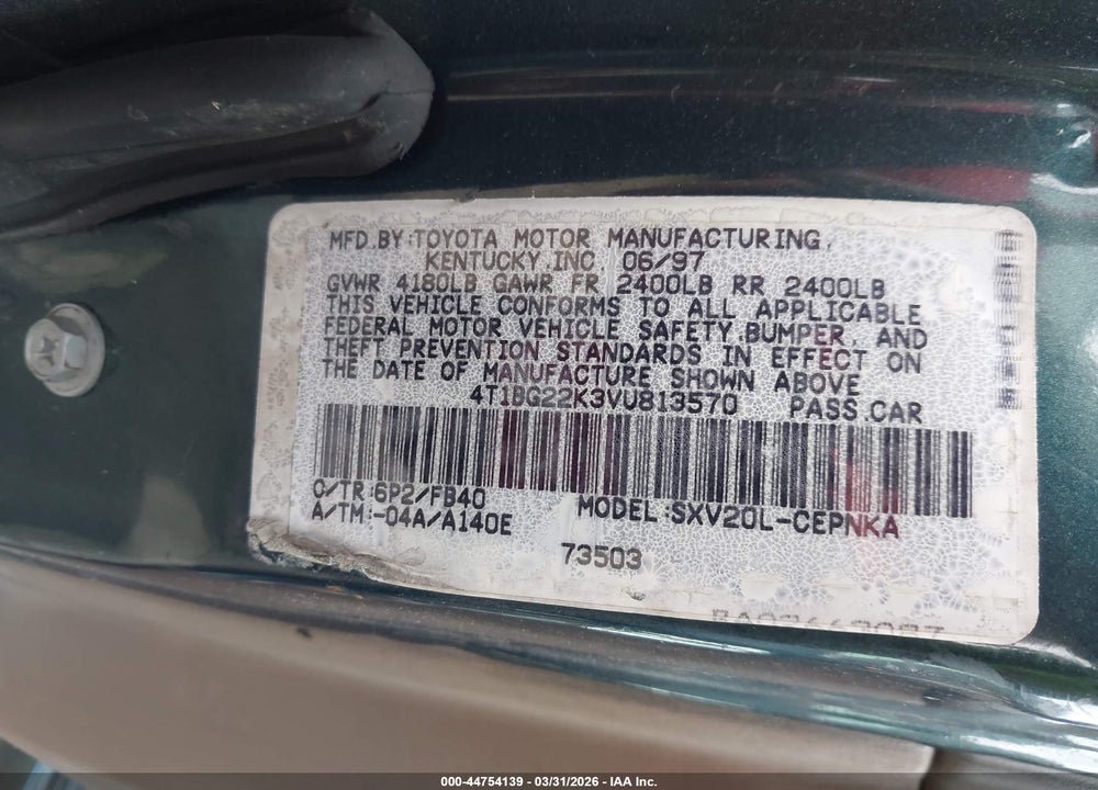 1997 TOYOTA CAMRY LE VIN: 4T1BG22K3VU813570