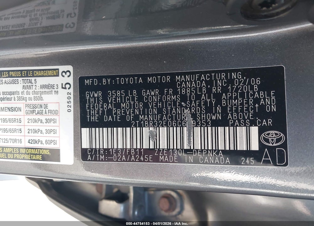 2006 TOYOTA COROLLA LE VIN: 2T1BR32E06C649353