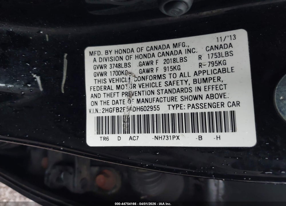 2013 HONDA CIVIC LX VIN: 2HGFB2F54DH602955