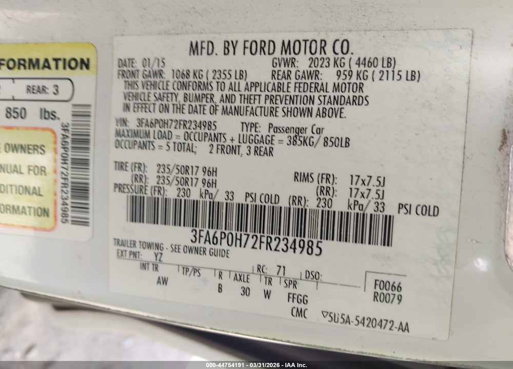 2015 FORD FUSION SE VIN: 3FA6P0H72FR234985