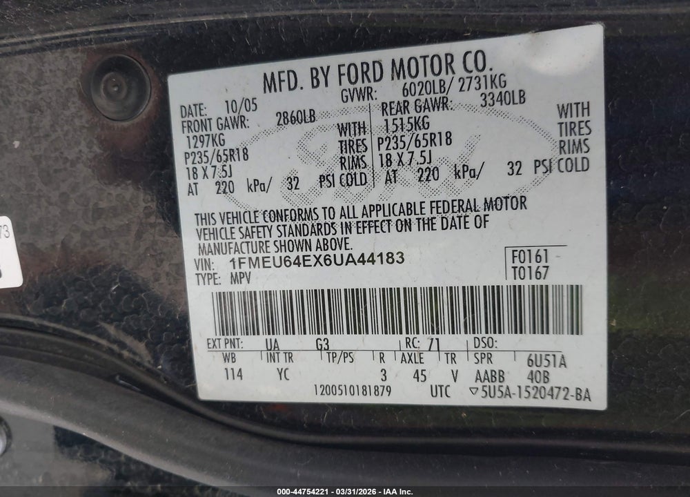 2006 FORD EXPLORER EDDIE BAUER VIN: 1FMEU64EX6UA44183