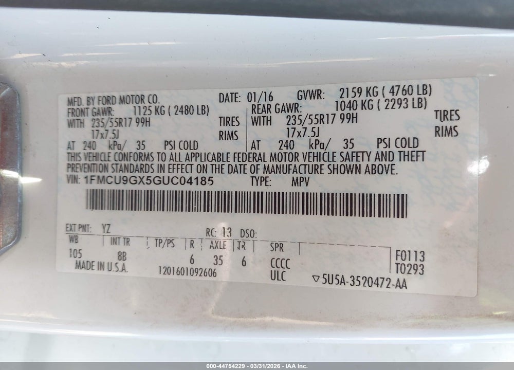 2016 FORD ESCAPE SE VIN: 1FMCU9GX5GUC04185