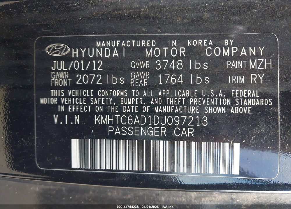 2013 HYUNDAI VELOSTER BASE W/BLACK VIN: KMHTC6AD1DU097213