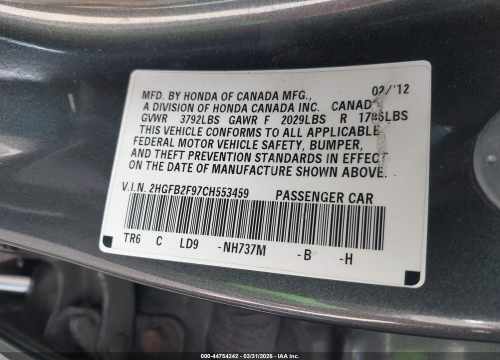 2012 HONDA CIVIC SDN EX-L VIN: 2HGFB2F97CH553459