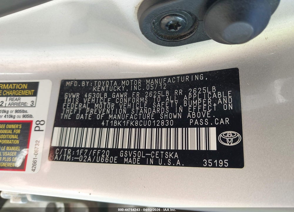 2012 TOYOTA CAMRY SE V6 VIN: 4T1BK1FK8CU012830