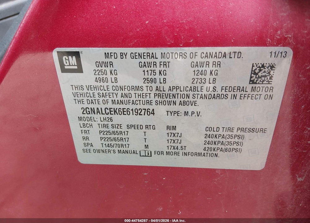 2014 CHEVROLET EQUINOX 2LT VIN: 2GNALCEK6E6192764