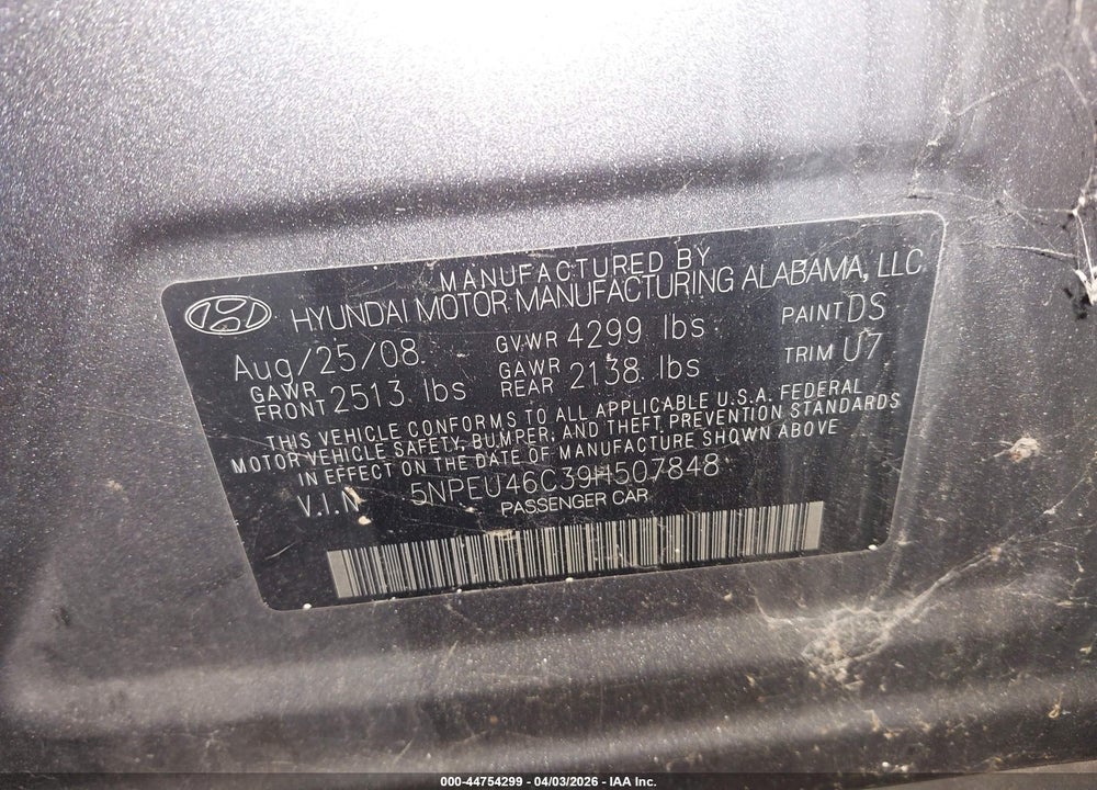 2009 HYUNDAI SONATA LIMITED VIN: 5NPEU46C39H507848