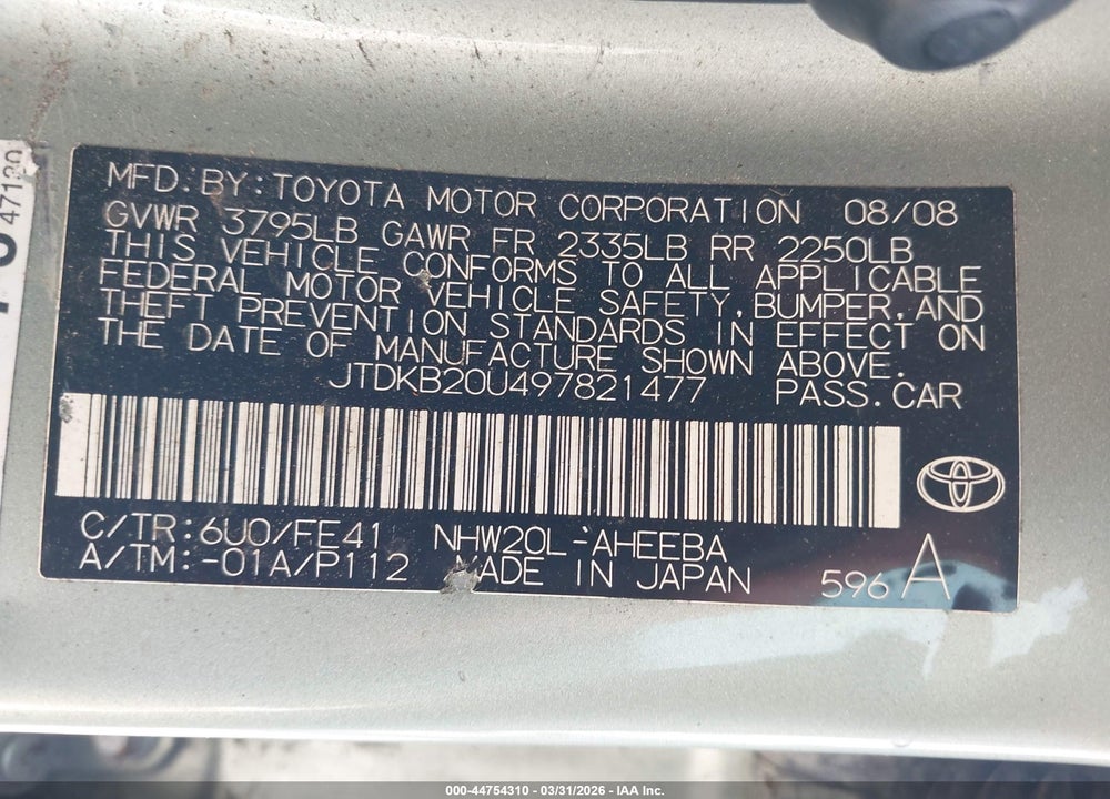 2009 TOYOTA PRIUS VIN: JTDKB20U497821477