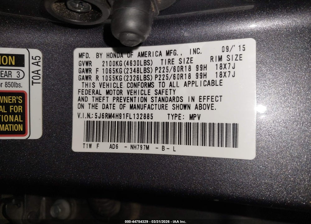 2015 HONDA CR-V TOURING VIN: 5J6RM4H91FL132885