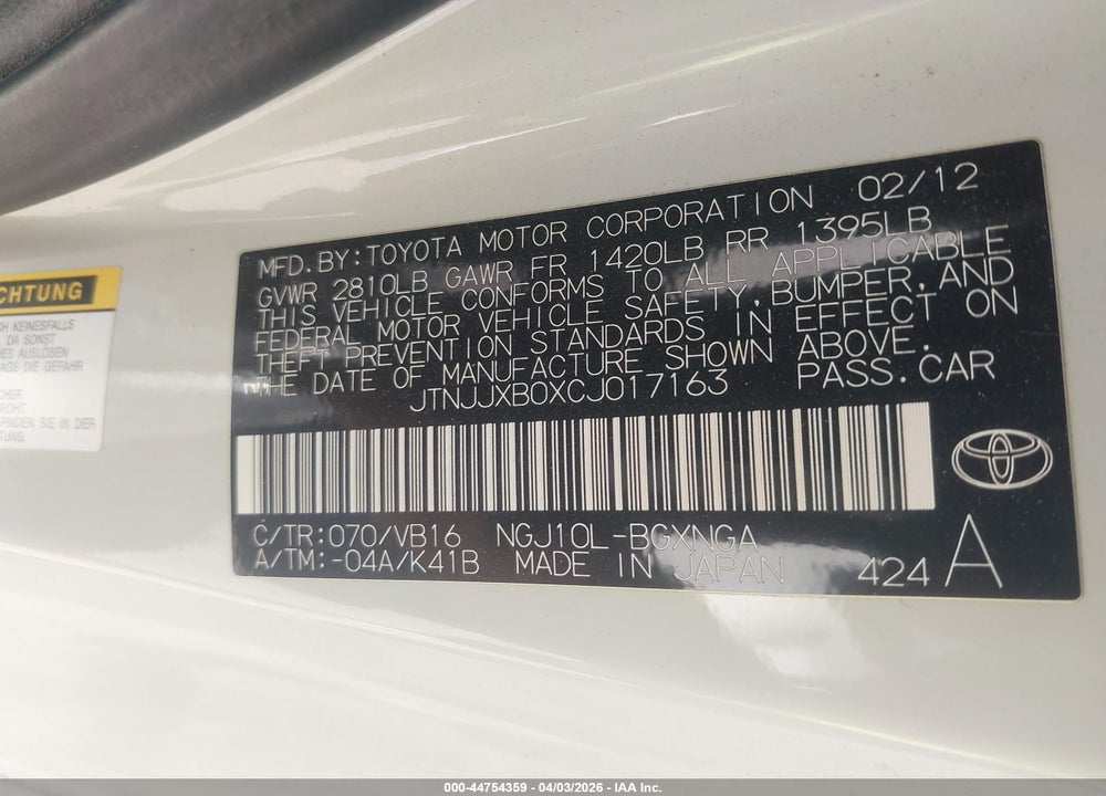 2012 SCION IQ VIN: JTNJJXB0XCJ017163