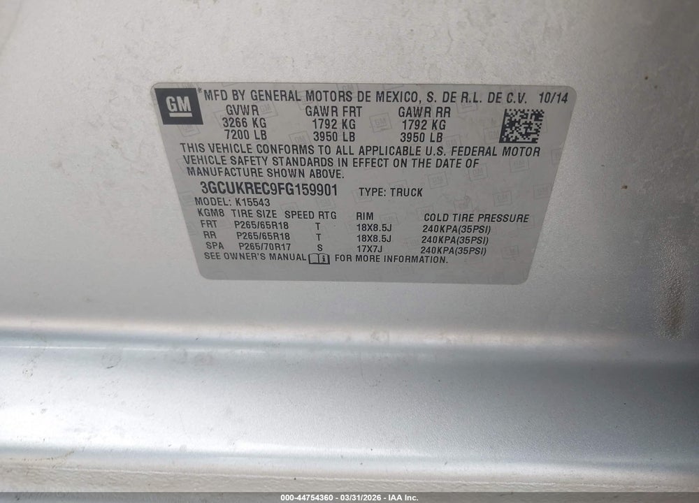 2015 CHEVROLET SILVERADO 1500 1LT VIN: 3GCUKREC9FG159901