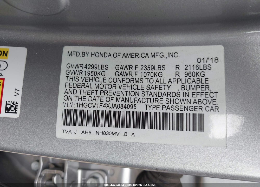 2018 HONDA ACCORD EX VIN: 1HGCV1F4XJA084095