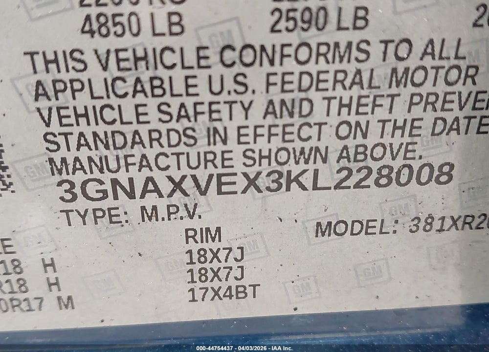 2019 CHEVROLET EQUINOX LT VIN: 3GNAXVEX3KL228008