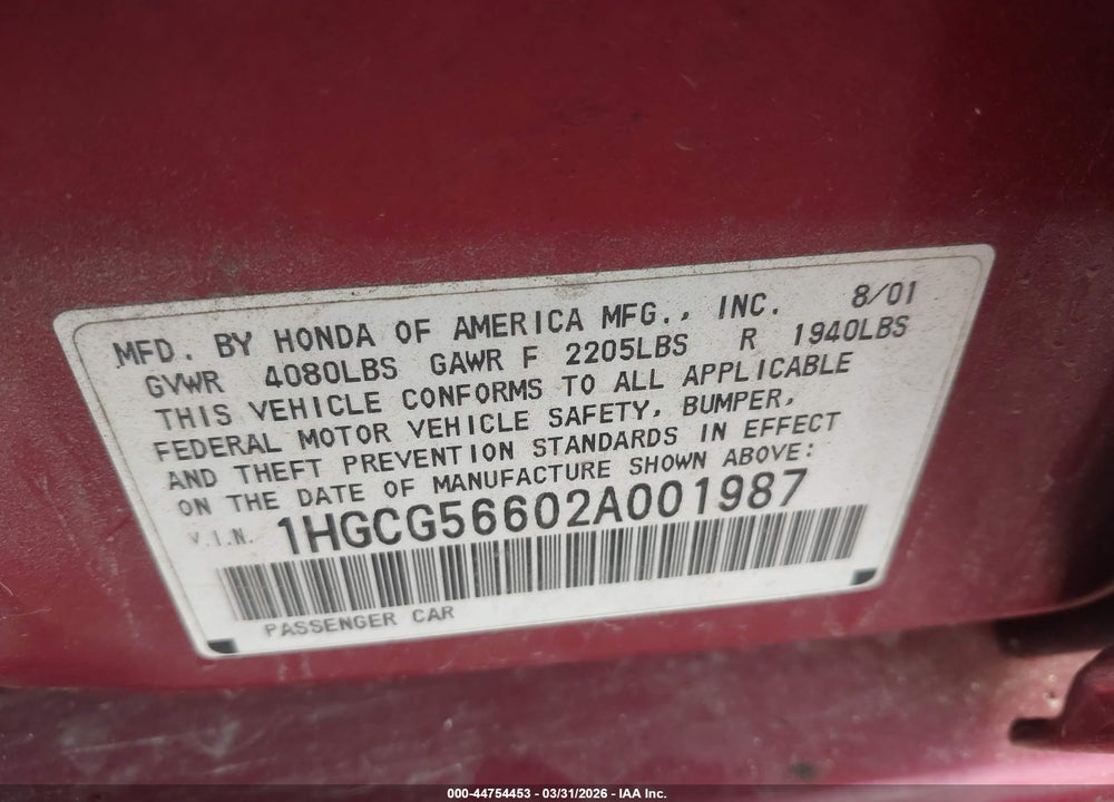 2002 HONDA ACCORD 2.3 EX VIN: 1HGCG56602A001987