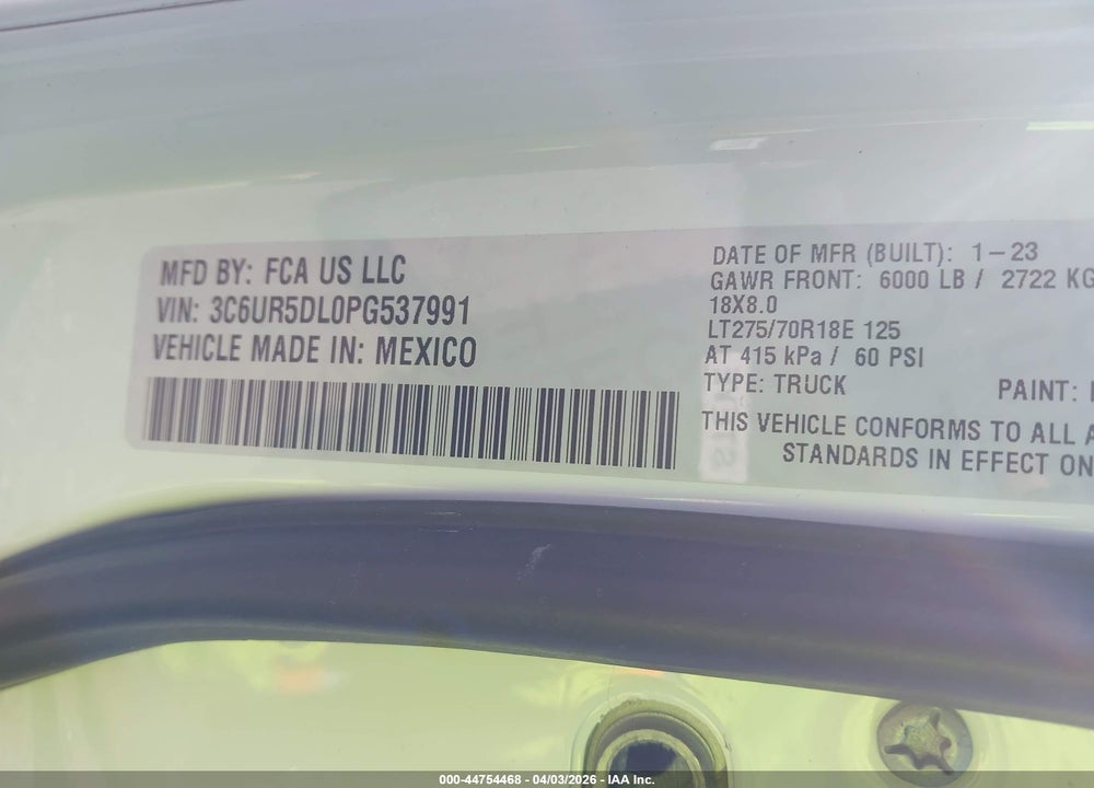 2023 RAM 2500 BIG HORN  4X4 6'4 BOX VIN: 3C6UR5DL0PG537991