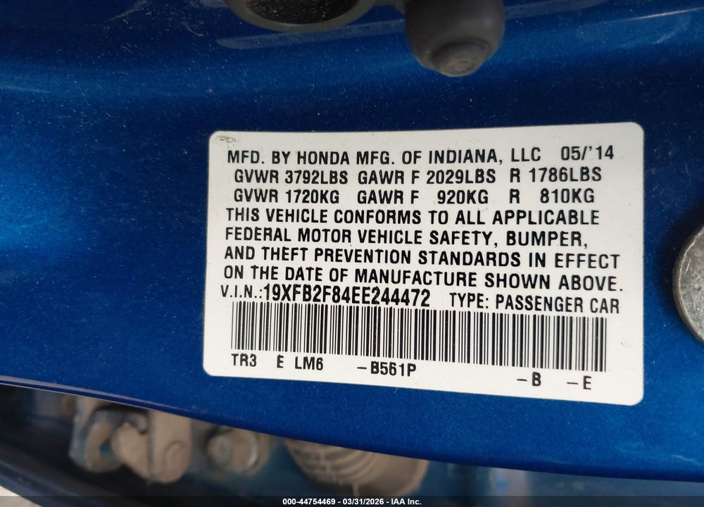 2014 HONDA CIVIC EX VIN: 19XFB2F84EE244472