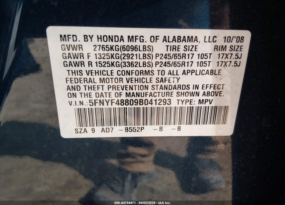 2009 HONDA PILOT TOURING VIN: 5FNYF48809B041293