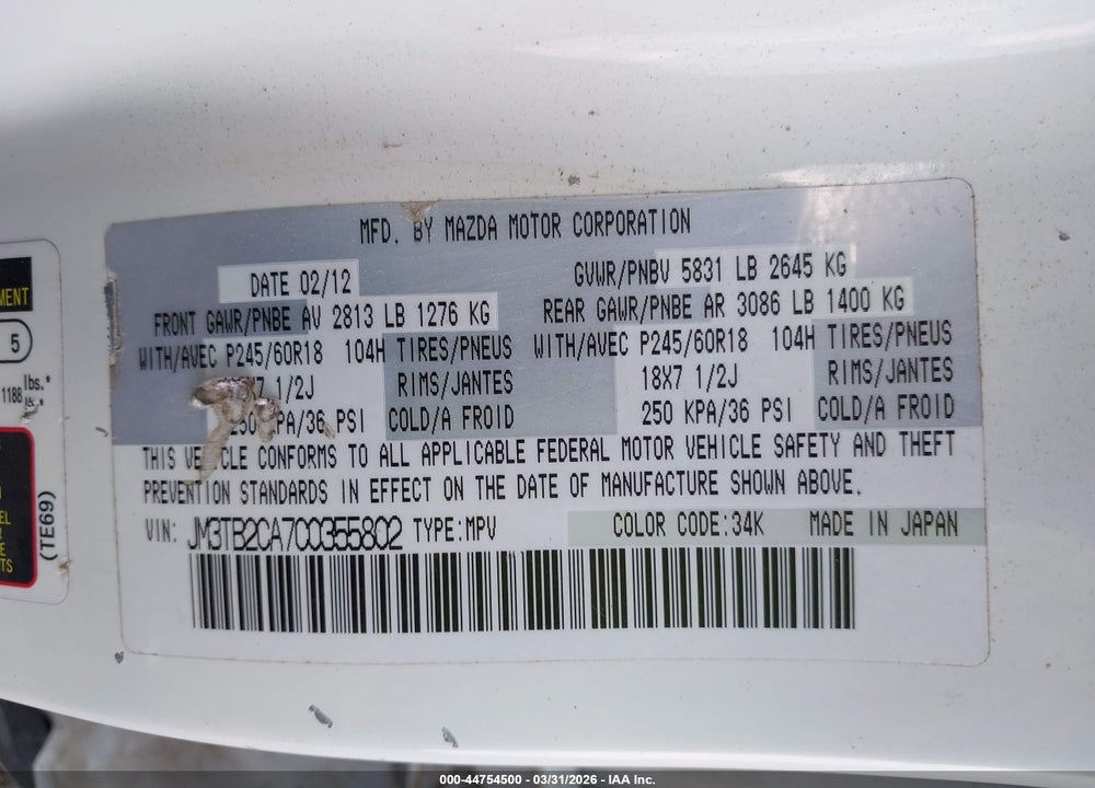 2012 MAZDA CX-9 TOURING VIN: JM3TB2CA7C0355802