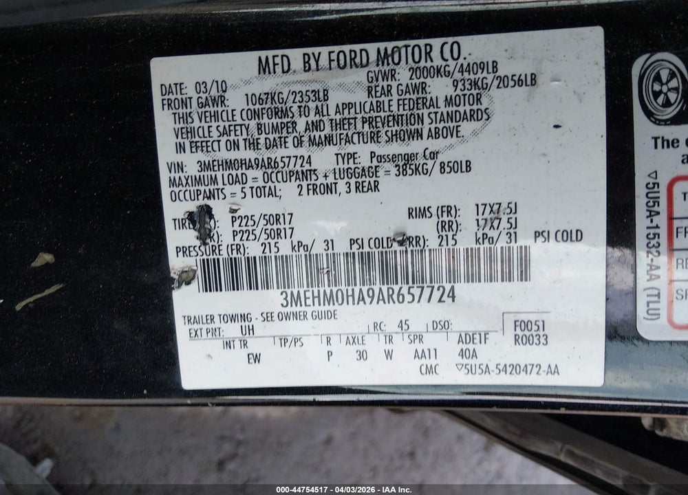 2010 MERCURY MILAN VIN: 3MEHM0HA9AR657724