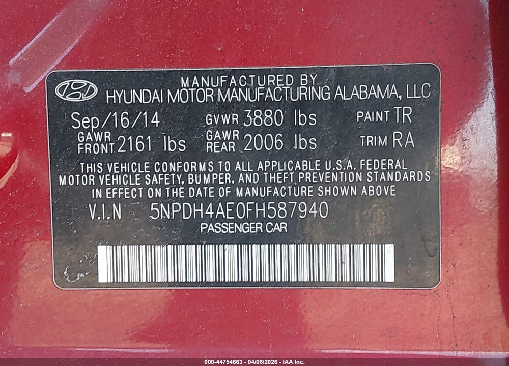 2015 HYUNDAI ELANTRA SE VIN: 5NPDH4AE0FH587940