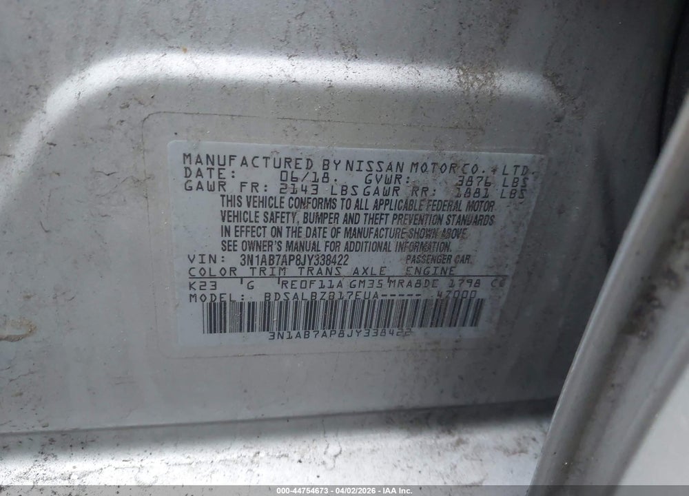 2018 NISSAN SENTRA S VIN: 3N1AB7AP8JY338422