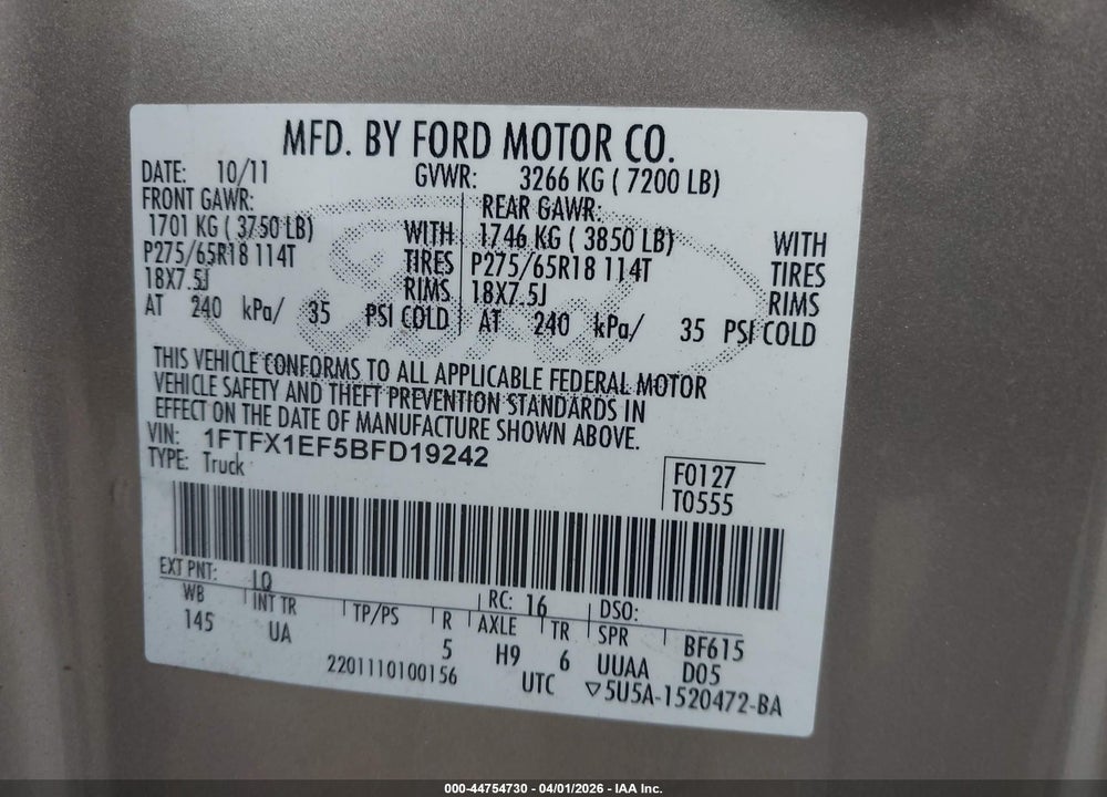 2011 FORD F-150 XLT VIN: 1FTFX1EF5BFD19242