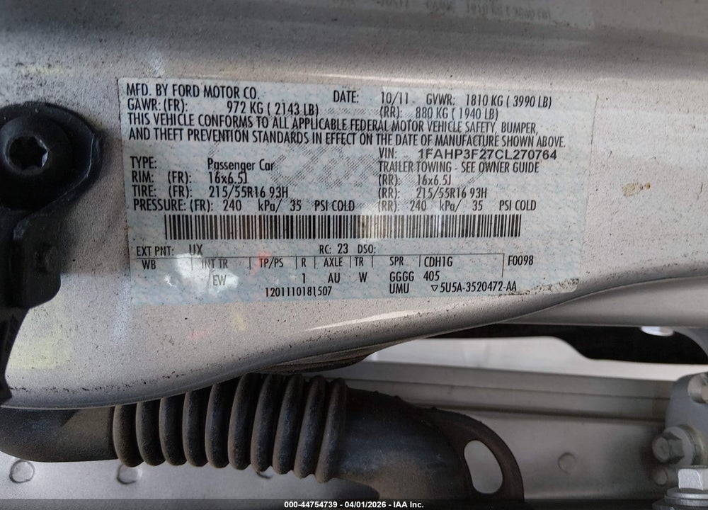 2012 FORD FOCUS SE VIN: 1FAHP3F27CL270764