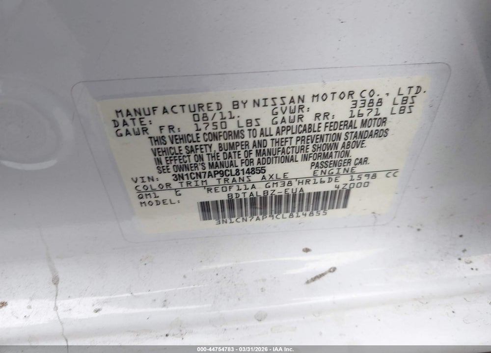 2012 NISSAN VERSA 1.6 SV VIN: 3N1CN7AP9CL814855