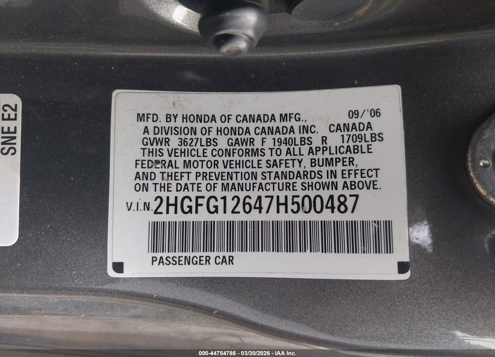 2007 HONDA CIVIC LX VIN: 2HGFG12647H500487