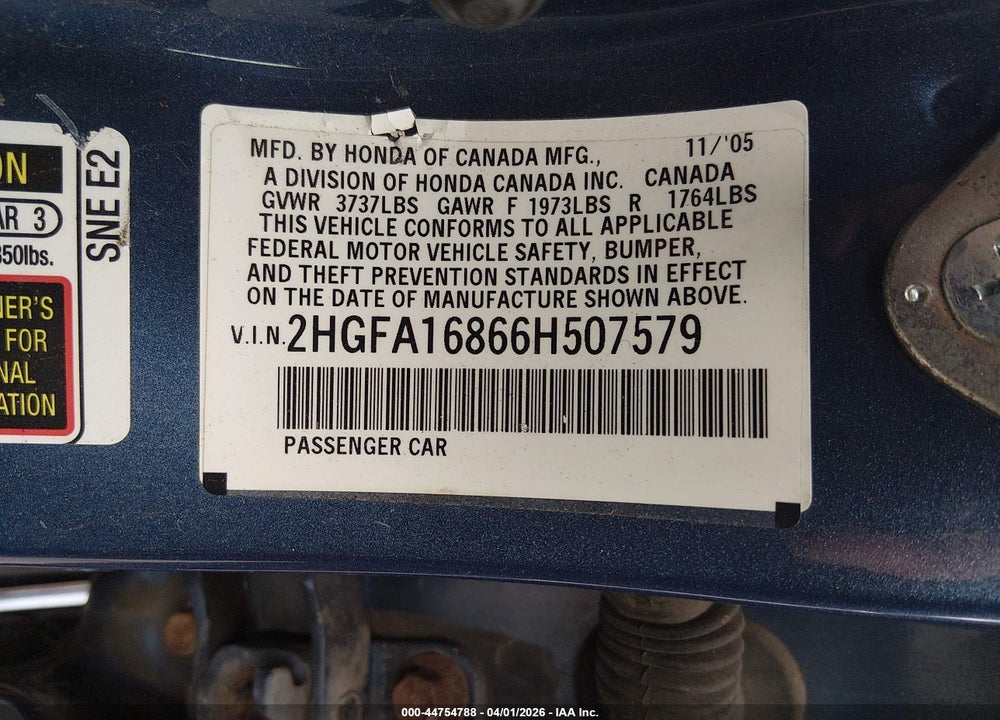 2006 HONDA CIVIC EX VIN: 2HGFA16866H507579