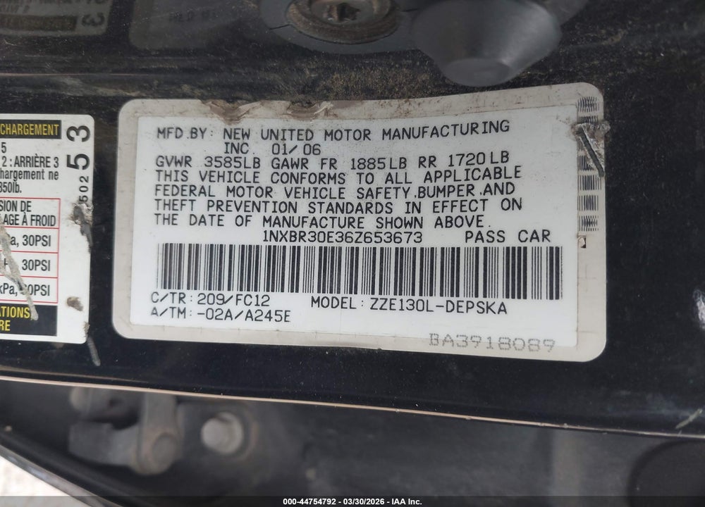 2006 TOYOTA COROLLA S VIN: 1NXBR30E36Z653673