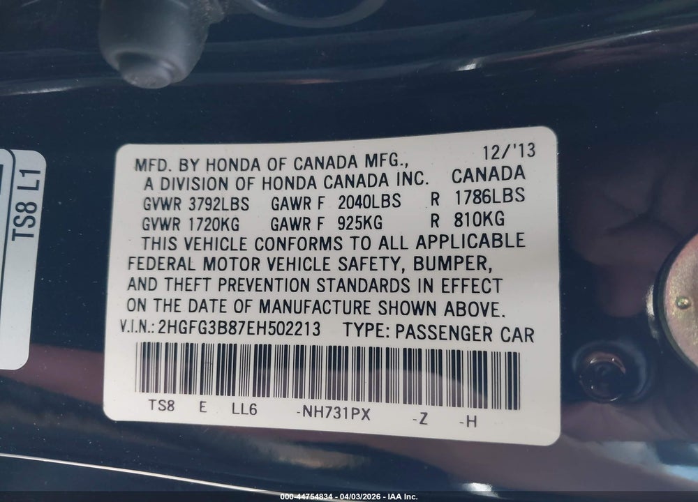 2014 HONDA CIVIC EX VIN: 2HGFG3B87EH502213