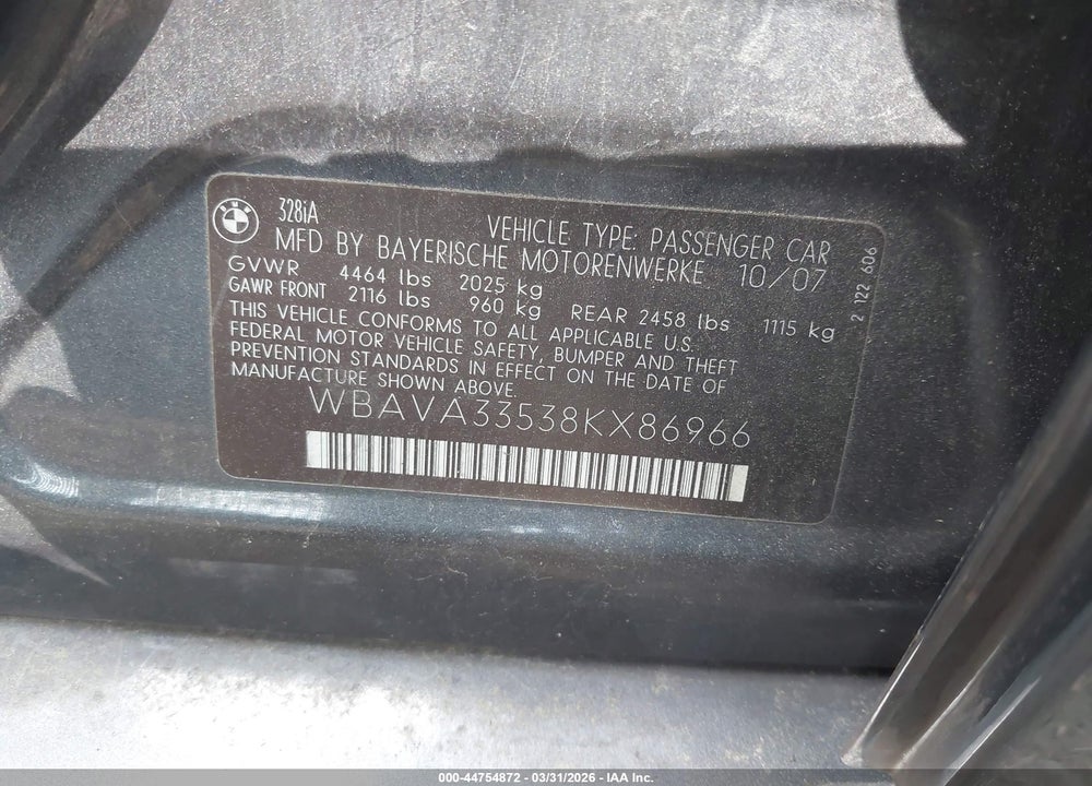 2008 BMW 328I VIN: WBAVA33538KX86966