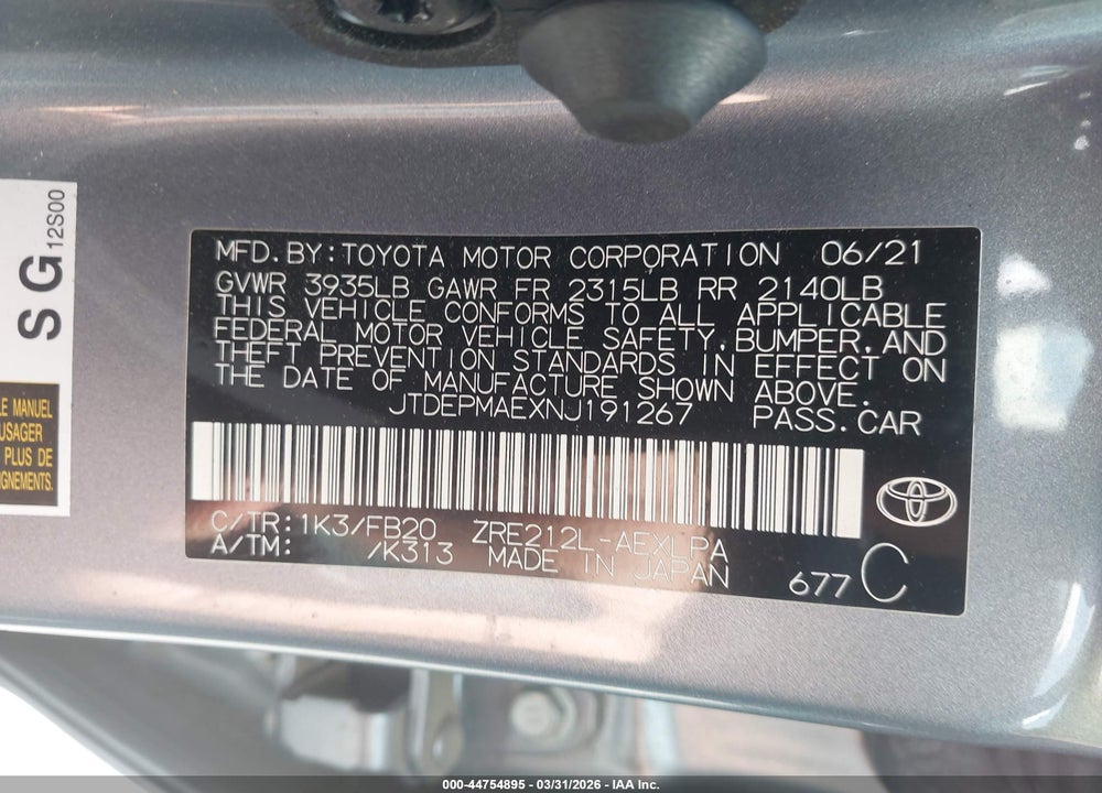 2022 TOYOTA COROLLA LE VIN: JTDEPMAEXNJ191267