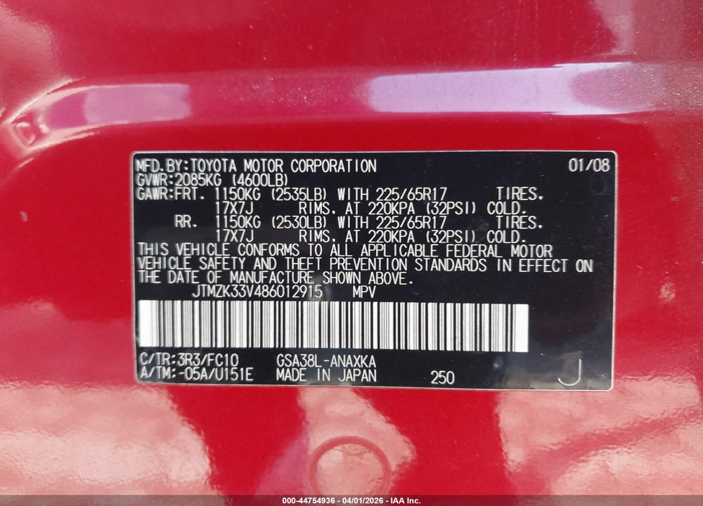 2008 TOYOTA RAV4 BASE V6 VIN: JTMZK33V486012915