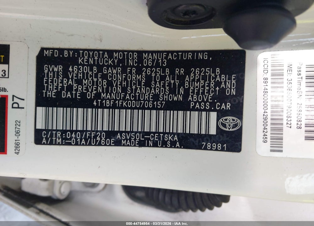 2013 TOYOTA CAMRY SE VIN: 4T1BF1FK0DU706157