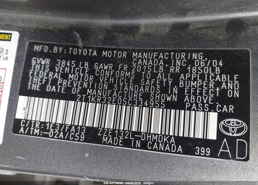 2005 TOYOTA MATRIX VIN: 2T1KR32E05C334955